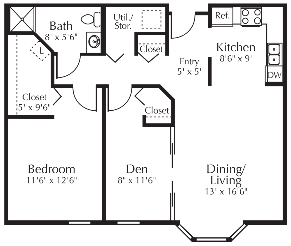 One Bedroom with Den 884 sq ft
