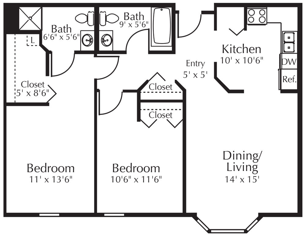 2 Bedroom / 2 Bath 957 sq ft.