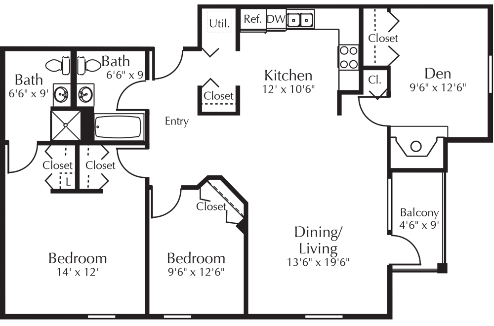 2 Bedroom / 2 Bath with Den and Fireplace 1189 sq ft.